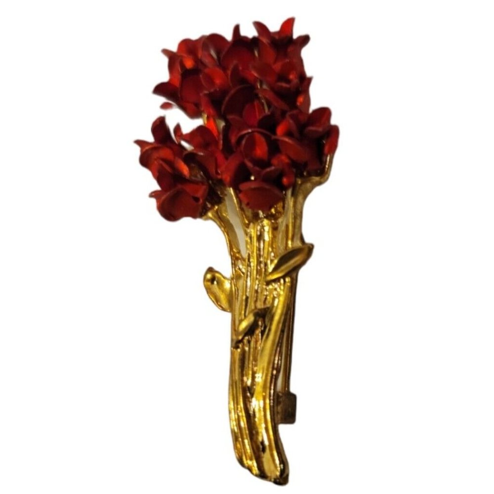 Vintage Dozen Red Rose Flower Bouquet Pin Brooch 3D Effect  2" x 1"